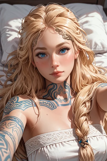 score_9, score_8_up, score_7_up,
<lora:GOWSif:0.8>
GOWSif, 1girl, blonde hair, blue eyes, long hair, tattoo, looking at viewer, lying on bed, selfie, blushing, cowboy shot