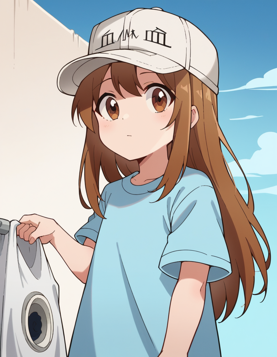 score_9, score_8_up, score_7_up, source_anime, <lora:platelet-s1-ponyxl-lora-nochekaiser:1>, platelet, long hair, brown hair, brown eyes,, shirt, hat, short sleeves, boots, white headwear, blue shirt, flat cap,, laundry day, clothesline, drying clothes, domestic life, fresh air, blue sky, , looking at viewer, arm resting on back of chair, solo,, cowboy shot, dutch angle