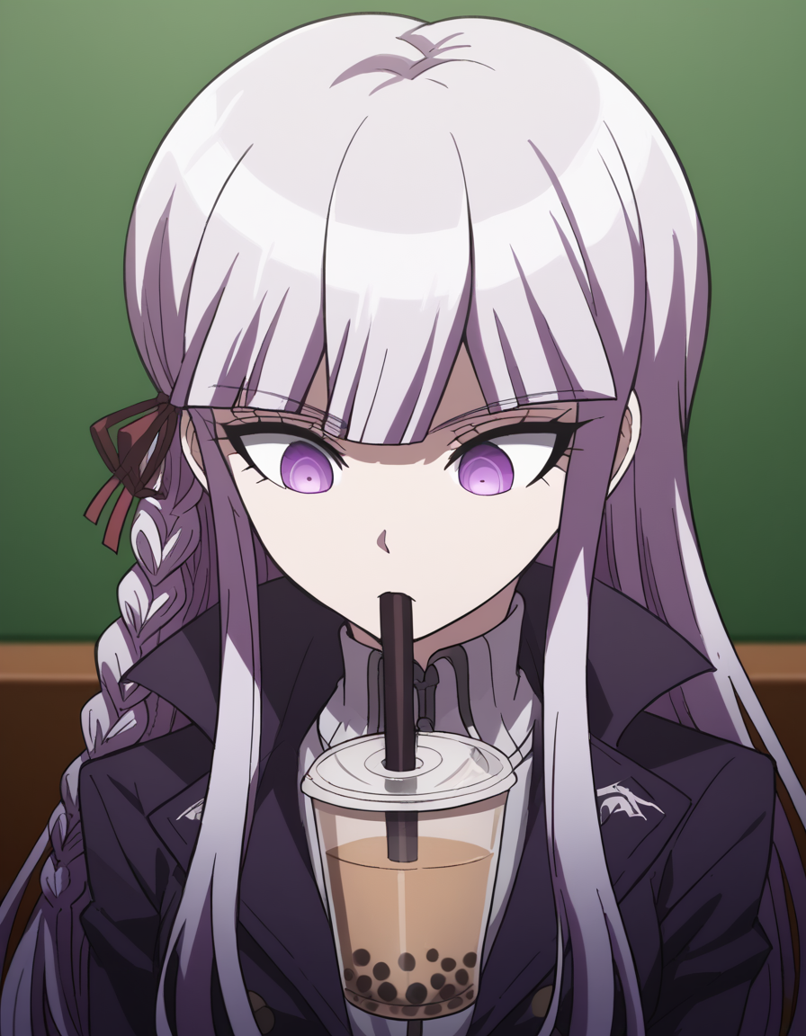 score_9, score_8_up, score_7_up, source_anime, <lora:kyouko-kirigiri-s1-ponyxl-lora-nochekaiser:1>, kyouko kirigiri, long hair, bangs, ribbon, purple eyes, hair ribbon, purple hair, braid, single braid, side braid,, <lora:bubble-tea-challenge-ponyxl-lora-nochekaiser:1>, bubble tea challenge, bubble tea, object on breast, drinking straw, drinking straw in mouth, drinking, cup,, indoors, sitting, looking down, , cowboy shot, dutch angle