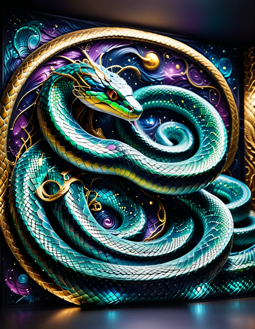 "A cosmic serpent mural with constantly morphing scales, each scale depicting intricate scenes from human history and alternative timelines, bioluminescent effects glowing softly in response to viewer interaction, surreal cosmic color palette of blues, purples, and golds, hyper-detailed textures of scales and cosmic void, deeply philosophical and interactive art installation, mystical and profound emotional undertones." <lora:SDXLFaeTastic2400:0.4> <lora:extremely_detailed:0.4> extremely detailed, <lora:sn4ke:1>,sn4ke, Masterpiece,best quality,hi res,8k,hi res,8k,award winning,(sharp focus, intricate, highly detailed),