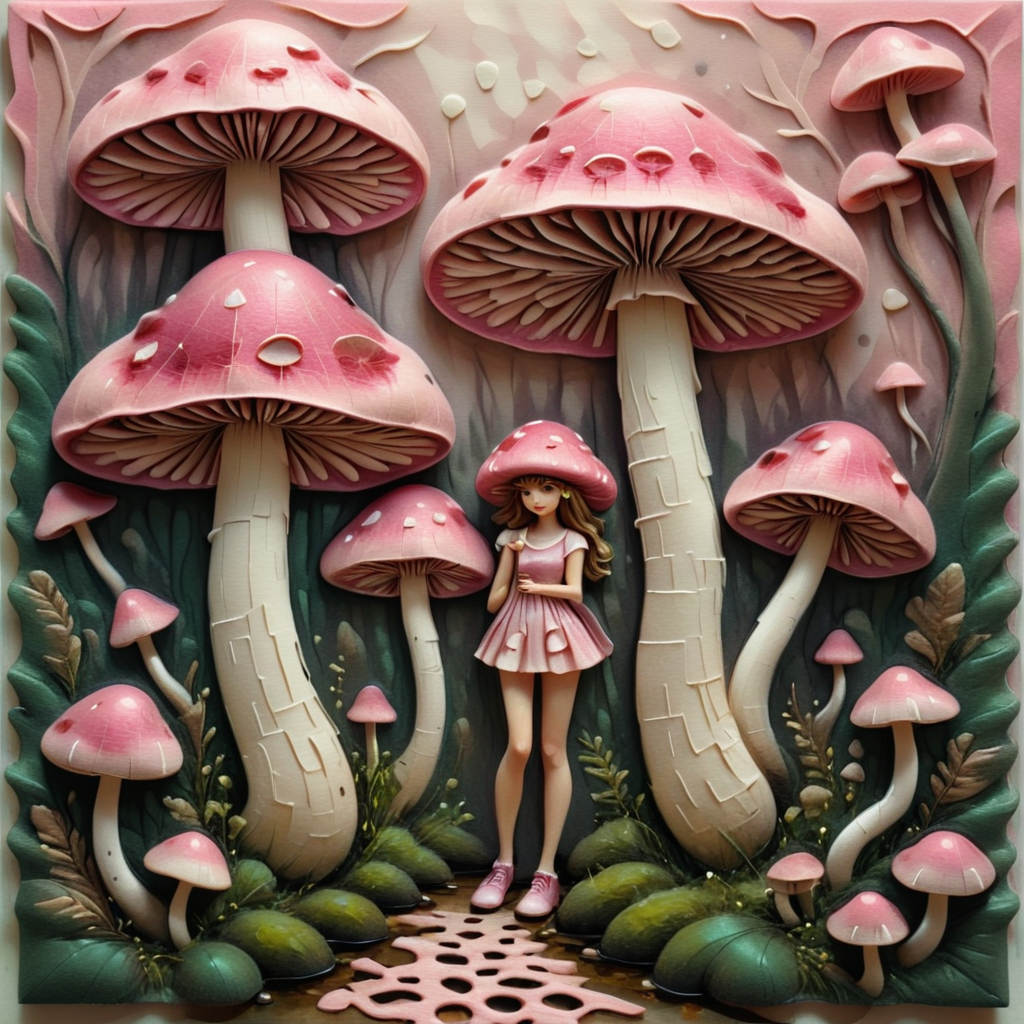 female nature print, mushrooms, teen, oil paint, felt, romanticism style, Vanishing Point, shades of pink, lattice pattern, thick brush stroke effect, sparkle accents, interlocking, rubberized texture, powdery finish  <lora:artfully_ETHEREAL-GEOMETRIC-FLORAL-FUSION:1>,