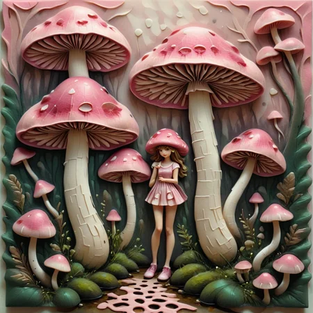 female nature print, mushrooms, teen, oil paint, felt, romanticism style, Vanishing Point, shades of pink, lattice pattern, thick brush stroke effect, sparkle accents, interlocking, rubberized texture, powdery finish <lora:artfully_ETHEREAL-GEOMETRIC-FLORAL-FUSION:1>,
