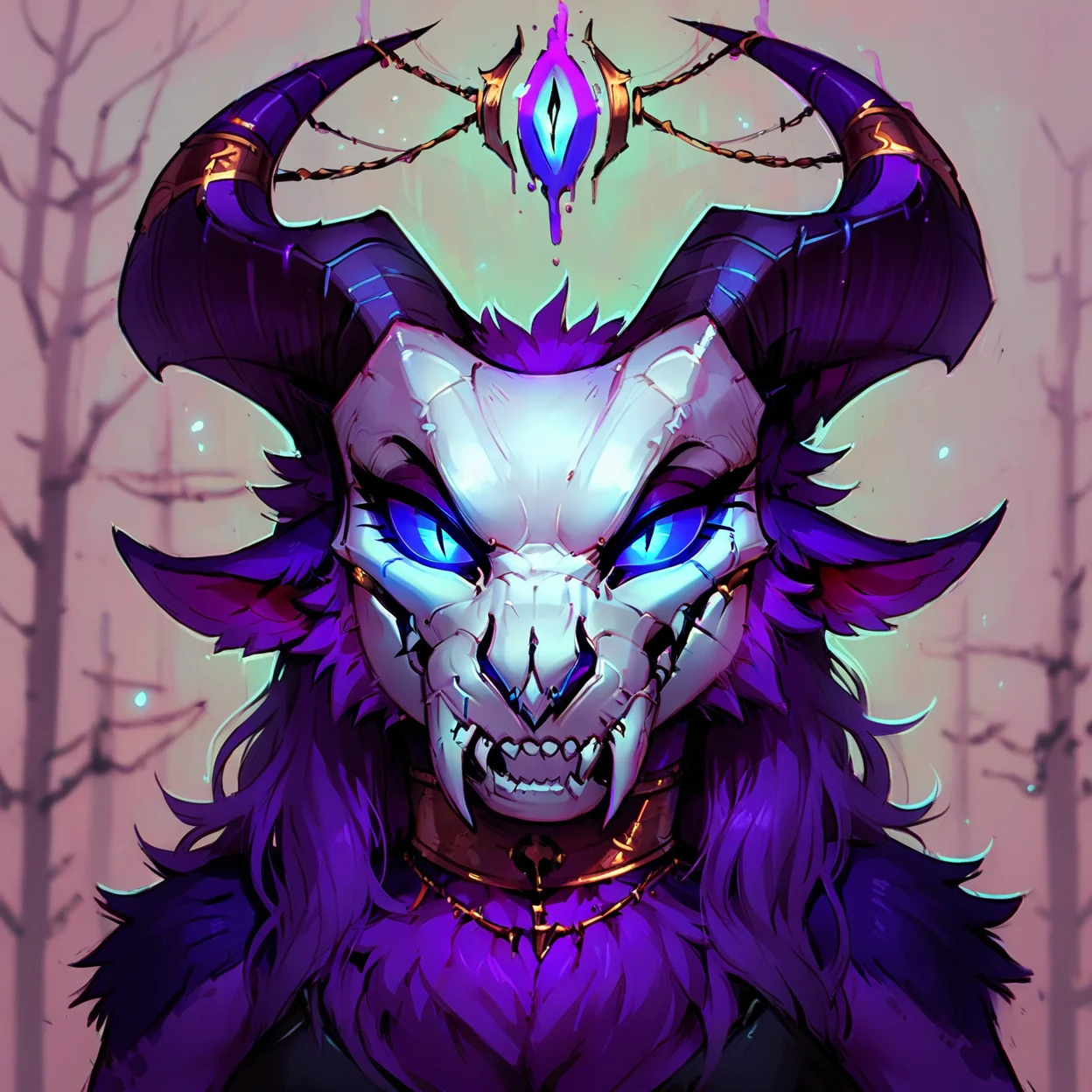 <lora:calypsoxl:0.9>, calypsoxl, 1girl, solo, face closeup, headshot, demon, succubus, (white skull mask:1.2), detailed eyes, smile, beautiful, purple fur, bedroom eyes, (cute face:1.1), ornate horns, (sigil connected by lace between horns), armlet, blue eyes, animal ears, at night, (simple green and blue forest background:1.1), outdoors, trees, dark atmosphere, bioluminescent, claws, depth of field, low angle, gothic, at night
score_9, score_8_up, score_7_up, <lora:g0th1cPXL:0.6>, <lora:incase_v14:0.3>, <lora:n30nc4tXLP:0.3>