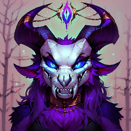 <lora:calypsoxl:0.9>, calypsoxl, 1girl, solo, face closeup, headshot, demon, succubus, (white skull mask:1.2), detailed eyes, smile, beautiful, purple fur, bedroom eyes, (cute face:1.1), ornate horns, (sigil connected by lace between horns), armlet, blue eyes, animal ears, at night, (simple green and blue forest background:1.1), outdoors, trees, dark atmosphere, bioluminescent, claws, depth of field, low angle, gothic, at night
score_9, score_8_up, score_7_up, <lora:g0th1cPXL:0.6>, <lora:incase_v14:0.3>, <lora:n30nc4tXLP:0.3>