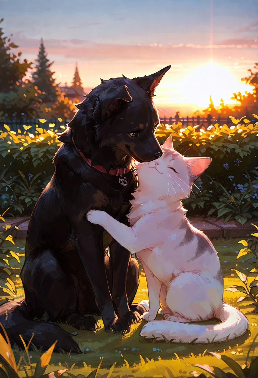 masterpiece, best quality, amazing quality, flat colors, high detailed, high quality, high resolution, 4k ,male, female, puppy, duo, feral, kitten, sitting, portrait, happy, white fur, black fur, in Garden, sunrise, cute, hugs, dog eyes, cat eyes,