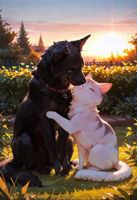 masterpiece, best quality, amazing quality, flat colors, high detailed, high quality, high resolution, 4k ,male, female, puppy, duo, feral, kitten, sitting, portrait, happy, white fur, black fur, in Garden, sunrise, cute, hugs, dog eyes, cat eyes,