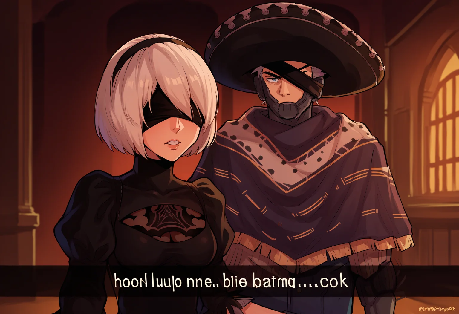 score_9, score_8_up, score_7_up, source_anime, IncrsCook, <lora:LethimcookMeme_XLPD:0.55>, english text,
BREAK 1girl, 2b \(nier:automata\), nier \(series\), blindfold, white hair, short hair, black dress,
BREAK 1boy, <lora:RaidenMGR_XLPD:1>, RaidenMGRSombrero, hat, eyepatch,