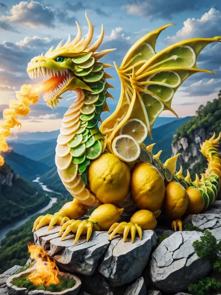 A magical ais-lmnsgr dragon breathing fire, perched atop a cliff overlooking a mystical valley at sunset <lora:ais-lmnsgr-sdxl:1>