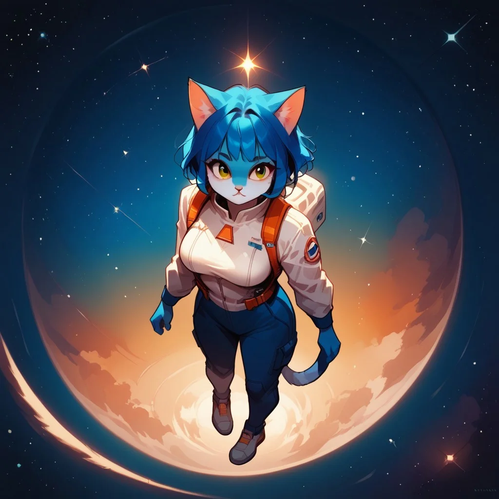 blue Anthro cat, Audr3yC4t, score_9, score_8_up, score_7_up, source_anime, solo, Floating, in space, space suit, medium breasts, Look of wonder and amazement, stars, From above, far away,