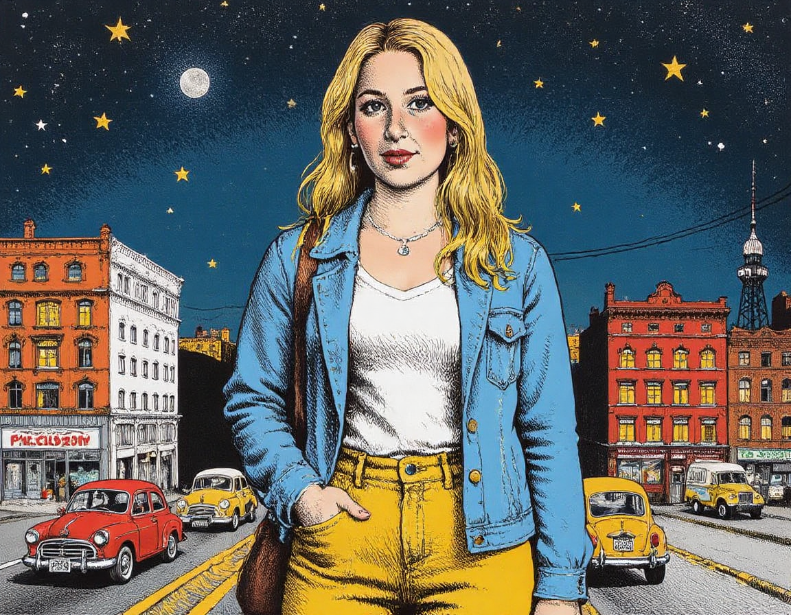 illustration of a woman in a denim jacket and yellow pants standing in front of a cityscape with buildings, vehicles on the road, a tower, and stars in the sky. r0b3rt_crum8