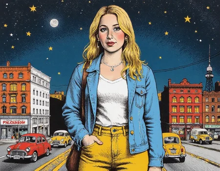 illustration of a woman in a denim jacket and yellow pants standing in front of a cityscape with buildings, vehicles on the road, a tower, and stars in the sky. r0b3rt_crum8
