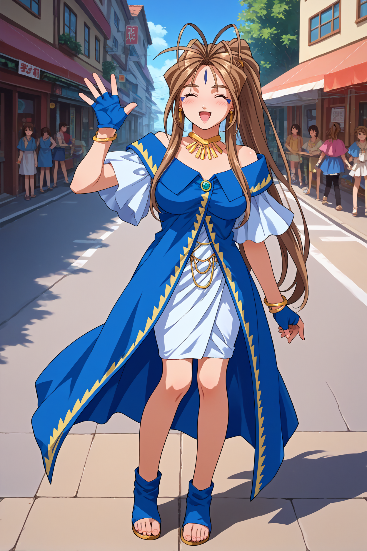 score_9, score_8_up, score_7_up, score_6_up, source_anime, 1girl, solo,  <lora:belldandy-pdxl-nvwls-v1-000006:1> amgBDD, brown hair, ponytail, antenna hair, forehead mark, facial mark, necklace, gold ear piercings, earrings, blue and white dress, off-shoulder dress, white skirt, large breasts, full body, looking at you, blue gloves, fingerless gloves, bracelet, 1990s \(style\), street, waving, happy, blush, looking at you, closed eyes