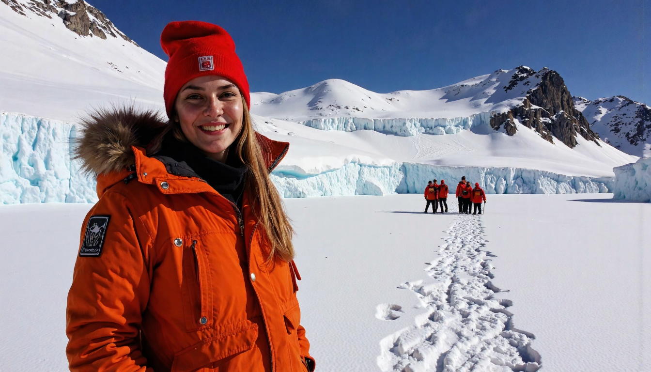 <lora:dafne-keen-dev2pro-lora:1>,DK woman, smile,,entranced,Gnome,remote beauty of Antarctica is a once-in-a-lifetime experience for adventurous travelers,like a mayan mural,style by Laurie Greasley