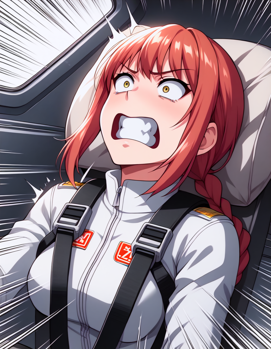 score_9, source_anime BREAK
 gf0rc3xl, 1girl, Makima, pilot chair, cockpit, long hair, floating hair, seatbelt harness, seatbelt, clenched teeth, leaned back, leaning back, (head thrown back:0.8), (gaping mouth:0.8), full body, from below, (motion lines:1.8), (speed lines:1.8), head on pillow, from side, holding on, clenched fists, constricted pupils, (trembling:1.2),  <lora:2024-04-18_21-34-37-save-1210-22-0:1>