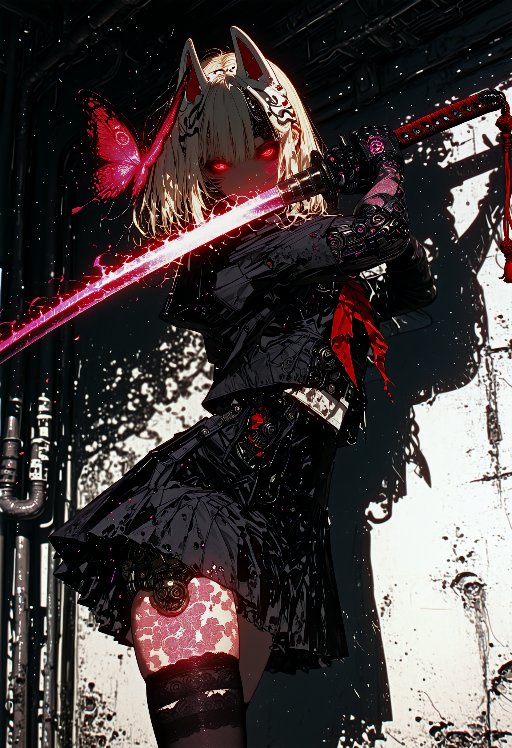 dynamic angle, 1girl, petite, fighting stance, school uniform, holding katana, fox mask, dynamic pose, looking at viewer, lace trim, over-kneehighs, glowingconcept, glowing_face_tattoo, glowing_eyes, Smo0thL1nes, (mechanical parts:0.9), mechanical joint, mechanical eye, flying glowing butterfly, glowing effects, bioluminescent, uncanny, fantasy, science fiction, best quality, amazing quality, very aesthetic, absurdres, newest, high contrast, clear color, beautiful shadow, beautiful light, cinematic light, cinematic shadow, bokeh, glare, (overexposed:1.2), high exposure, washed out colors, (subsurface scattering:1.2),  <lora:Glowing_tattoo_concept:0.7> <lora:iLLMythSmo0thL1nes:0.9>