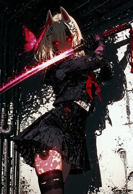 dynamic angle, 1girl, petite, fighting stance, school uniform, holding katana, fox mask, dynamic pose, looking at viewer, lace trim, over-kneehighs, glowingconcept, glowing_face_tattoo, glowing_eyes, Smo0thL1nes, (mechanical parts:0.9), mechanical joint, mechanical eye, flying glowing butterfly, glowing effects, bioluminescent, uncanny, fantasy, science fiction, best quality, amazing quality, very aesthetic, absurdres, newest, high contrast, clear color, beautiful shadow, beautiful light, cinematic light, cinematic shadow, bokeh, glare, (overexposed:1.2), high exposure, washed out colors, (subsurface scattering:1.2),  <lora:Glowing_tattoo_concept:0.7> <lora:iLLMythSmo0thL1nes:0.9>