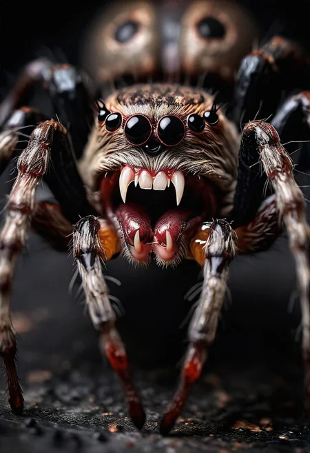 realistic creepy old spider, natural light, high detail skin, creepy setting, horror, open mouth with large sharp teeth dripping with blood, black dead eyes, scars, dark background, large fangs