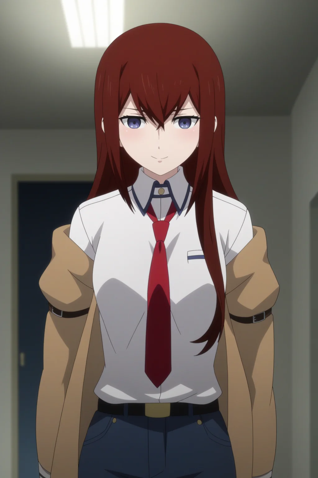 1girl,solo,kurisu makise,long hair,red necktie,jacket,brown hair,collared shirt,indoors,emotionless <lora:Kurisu_Makise_-_SteinsGate.safetensors:0.8>