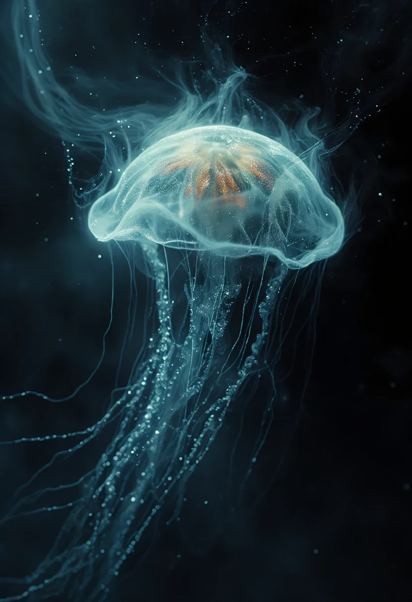a dipiction of a jellyfish, (disintegrating and dissolving into swirling lines of fog, smoke and particles:1.5) blending with the black background, blending form with reality. Framed in thick volumetric fog. diffused light, delicatly, whispering, eye catching masterpiece artwork. drifting fog, cracked light and smokey haze in floating threads finishes the dreamlike reality.
