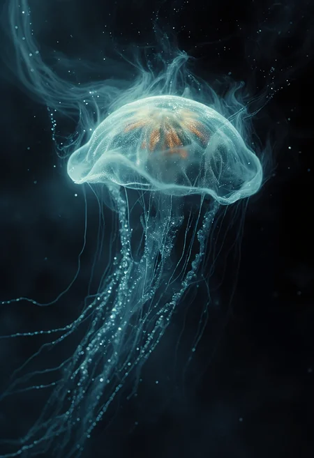 a dipiction of a jellyfish, (disintegrating and dissolving into swirling lines of fog, smoke and particles:1.5) blending with the black background, blending form with reality. Framed in thick volumetric fog. diffused light, delicatly, whispering, eye catching masterpiece artwork. drifting fog, cracked light and smokey haze in floating threads finishes the dreamlike reality.