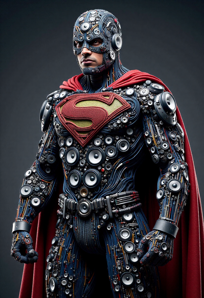 <lora:Audio_Artisan_FLUX:0.9>
Realistic photo of a superhero made entirely of various electronic components and audio equipment.