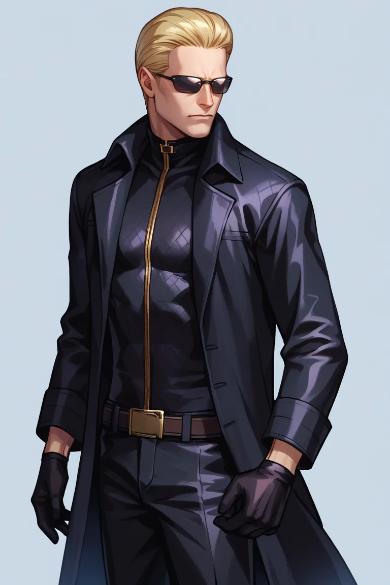 score_9, score_8_up, score_7_up, BREAK, <lora:albertwesker-guy-PONYv1:1>, 1boy, solo, albertwesker, black gloves, sunglasses, belt, pants, long coat, trench coat, black coat, black pants,