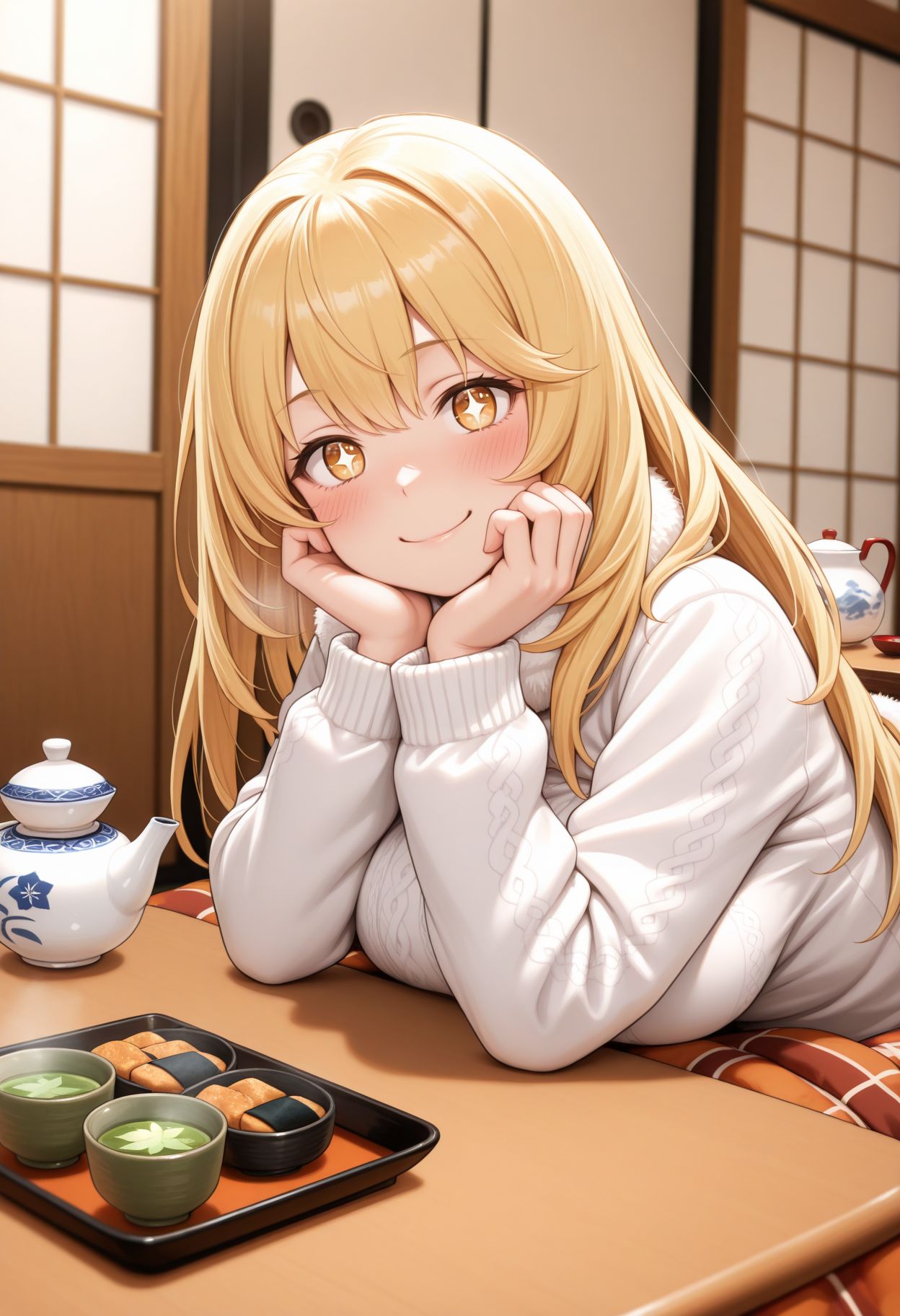 masterpiece,amazing quality,best quality,ultra-detailed,
  v <lora:Shokuhou Misaki illu:1> 1girl, blonde hair, long hair, symbol-shaped pupils, +_+, large breasts,  winter clothes, tea, kotatsu, low table, small japanese teapot, green tea, senbei, smile, blush, looking at viewer, head on kotatsu