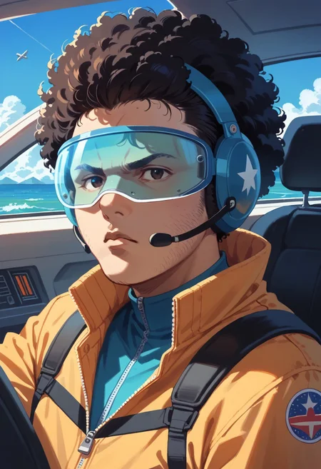 cromartie,Score_9, score_8_up, score_7_up, score_6_up, 1boy, bpbshin, flight suit, standing next to aircraft, portrait, solo, hair over one eye helmet,open helmet grasses,  cockpit,  visor down,protruding afro hair