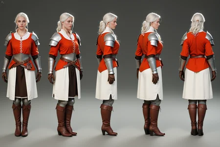 score_9, score_8_up, score_7_up, score_6_up, score_5_up, score_4_up,
(VIEWS:0), full body character turnaround of 1girl, Multiple views of the same character in the same outfit, simple background, white background,
(theme:0), medieval, fantasy, Dungeon And Dragon, curving body, slim,
(rank:0), female character, knight, medieval armor, red tunic, silver breastplate, greaves, gauntlets, brown boots, leather belt, gold buckle, armed stance, historical costume, full-body suit,
<lora:bg3TurnXL_v1_pony:0.1>
<lora:Witcher3turn_v1_Pony:0.6>
<lora:medieval2turn_v1_Pony:0.1>
<lora:CharTurnXL_v4_Pony:0.1>
<lora:bg3TurnXL_v1:0.1>
<lora:Witcher3TurnXL_v1:0.1>
<lora:Medieval2TurnXL_v1:0.1>
<lora:CharTurnXLRetag_v4:0.1>