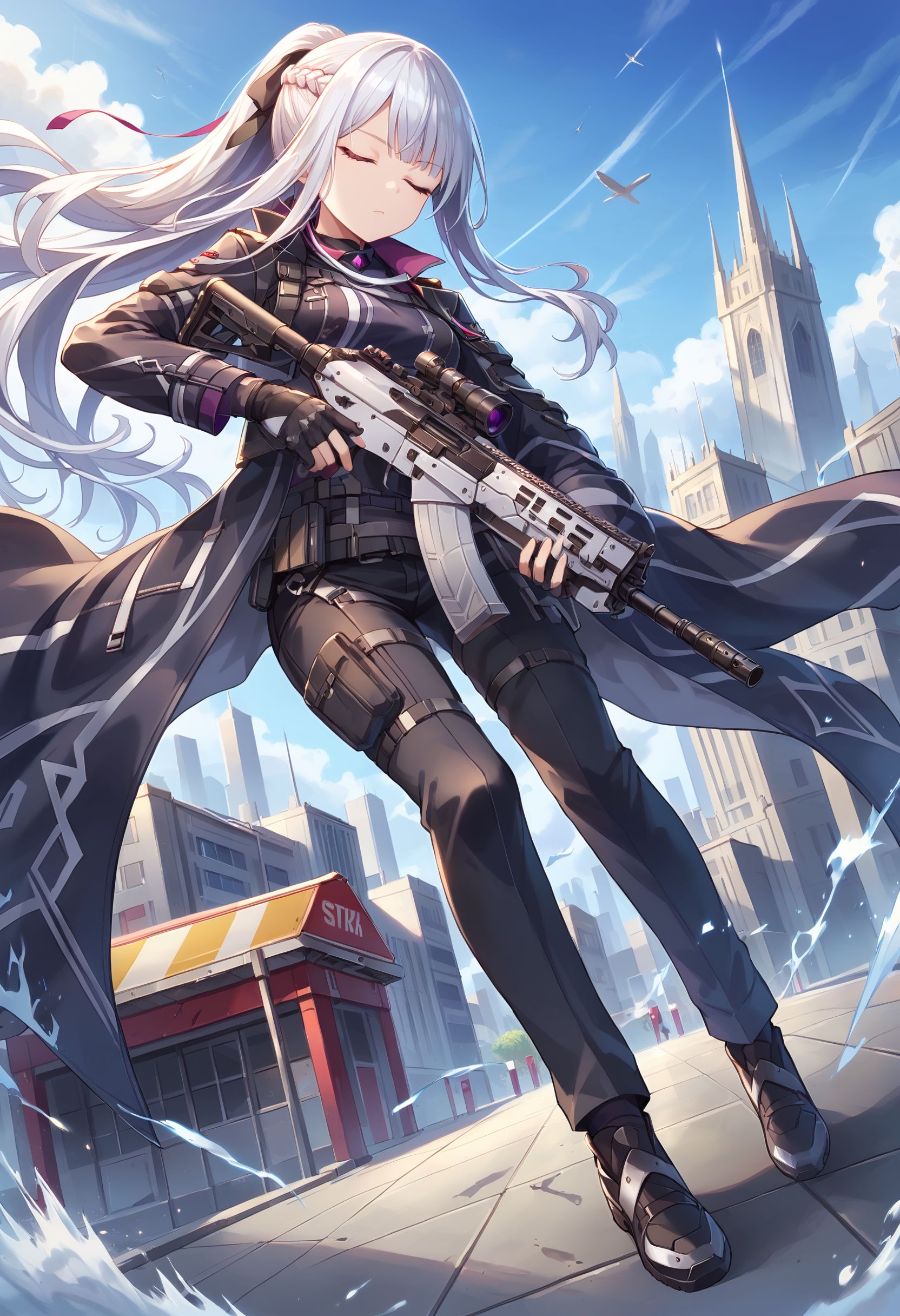HDA_MasterpieceXLclassic, <lora:Ak12PdxlDwnsty:0.8> ak12chick, purple eyes, white hair, long hair, sidelocks, ponytail, hair ribbon, french braid, black tactical clothes, multicolored jacket, long sleeves, black gloves, partially fingerless gloves, black pants, closed eyes, holding assault rifle, ak47, solo, full body shot, city background, <lora:Pony_Weapon_Assault_Rifle_-_By_HailoKnight:0.6>, <lora:[PonyXL] Dynamic Poses (N4Talent):1.5>, dynamic pose,