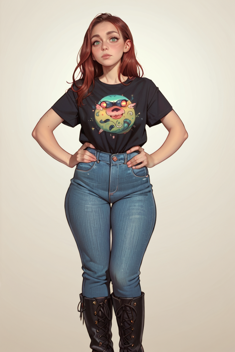 <lora:RealMix24:1>, score_9, score_8_up, score_7_up, score_6_up, score_5_up, rating_questionable, source cartoon
1girl, pretty face, pretty eyes, detailed eyes, HD eyes, thick thighs
hands on hips, standing, cowboy shot
looking at viewer, blush, eyebrows, long hair, red hair, green eyes jeans, green t-shirt, boots, high waisted jeans
simple background, white background