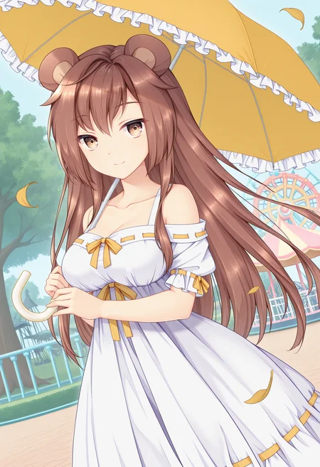 masterpiece, best quality, amazing quality,  BREAK <lora:Puff:1> pifpuf, 1girl,  brown eyes,brown hair, long hair,animal ears, white garment, medium breasts, puffy short sleeves, collarbone,off shoulder, bare shoulders, ribbon trim, frills, hair between eyes, yellow ribbon, long hair,holding umbrella,amusement park,tree,floating leaves,dutch angle,looking at viewer, smile