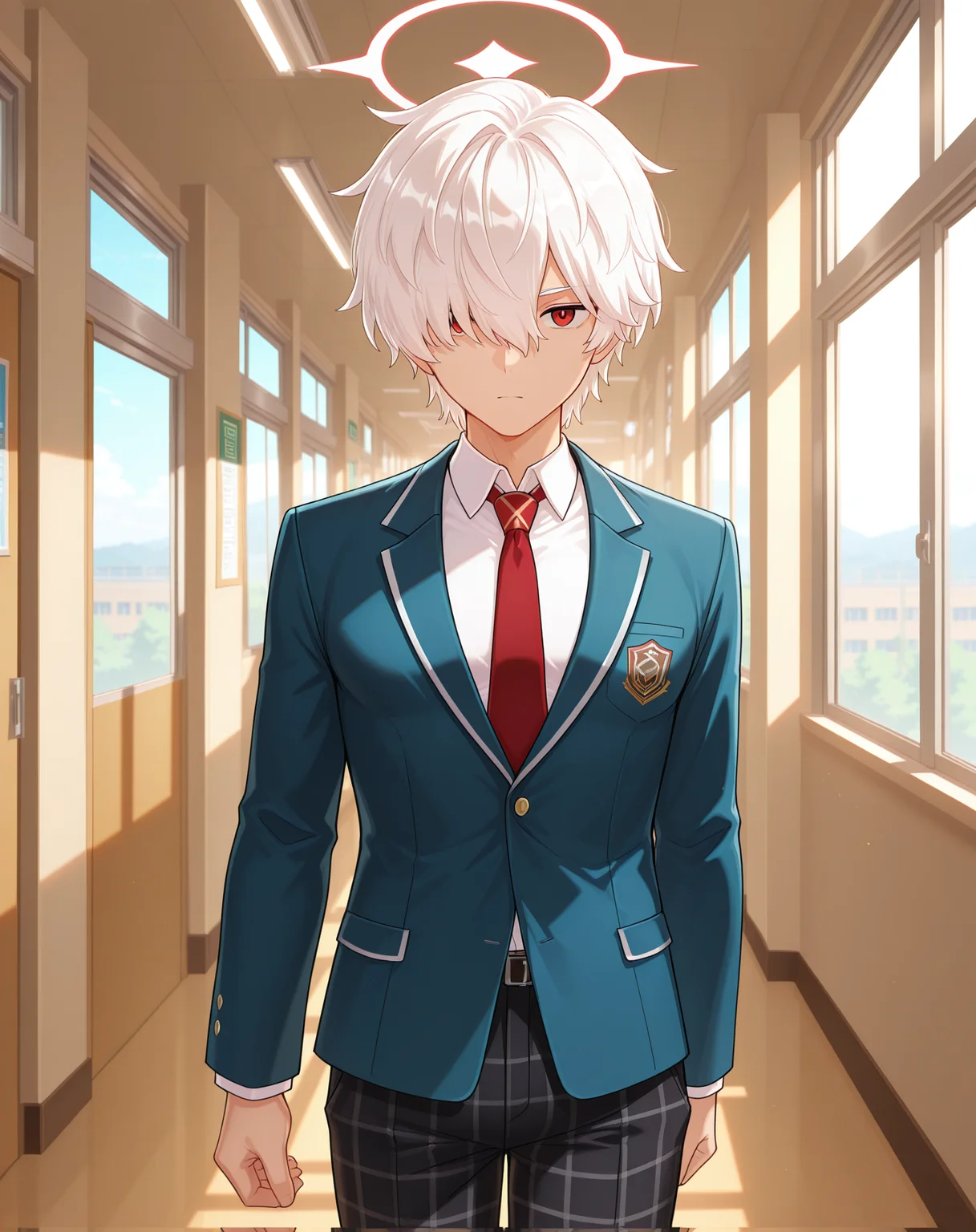 masterpiece,best quality,amazing quality, newest, very aesthetic, absurdres,
1boy, solo, yaoi, male focus, looking at viewer, cowboy shot,
<lora:Elsword_Genesis_ilxl:1> elswordgn, white hair, red eyes, short hair, hair between eyes, hair over one eye,
school uniform, white shirt, collared shirt, blue jacket, red necktie, black pants, plaid pants,
indoors, school, hallway, window, day, sun,