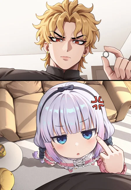 masterpiece, best quality,

p0vh4t3r, 2koma,

1boy, 1girl, dio brando, kanna kamui, 

indoors, couch,

holding, from above, from below, middle finger, :o, closed mouth, anger vein, looking at viewer,

height difference, size difference,
