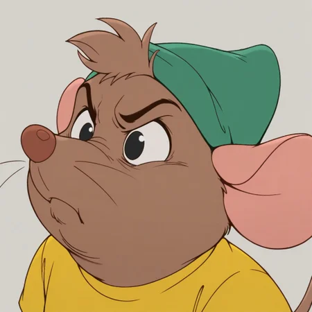 masterpiece, best quality, amazing quality, gusgus, male, furry male, solo, anthro, mouse, brown fur, short hair, black eyes, brown nose, whiskers, buck teeth, tail, chubby, green hat, yellow shirt, upset, pout, close-up, portrait, grey background