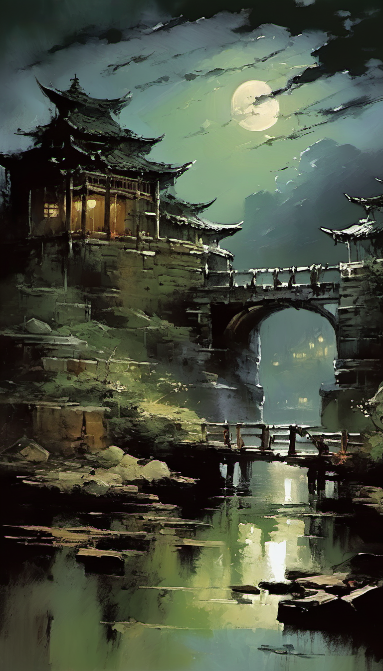 <lora:[XL]The_moonlight_over_the_lotus_pond:1>The broken bridge in the moonlight