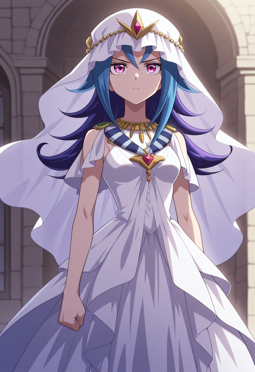 masterpiece,best quality,amazing quality, source_anime,
rioKamishi, 1girl, solo, pink eyes, multicolored hair, purple hair, blue hair, long hair, veil, dress, white dress, sleeveles, jewelry, necklace, serious,
outdoor,