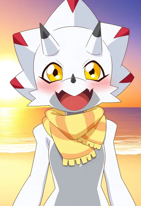 score_9, score_8_up, score_7_up,8k,(masterpiece,best quality)),best res,,good anatomy,cute,(sexy:1.3),ultra cute, ,face,hot,female,smiling,extremely detailed face,4k,happy, upper body,,detailed eyes,beautiful,smiling,,cute,very cute,upper body,tall,arms,, blush, perfect lighting, hips, skinny,,smiling,tall female,gammamon, solo, smile, open mouth, yellow eyes, horns, scarf, no humans, fangs, beach, digimon (creature), yellow scarf
