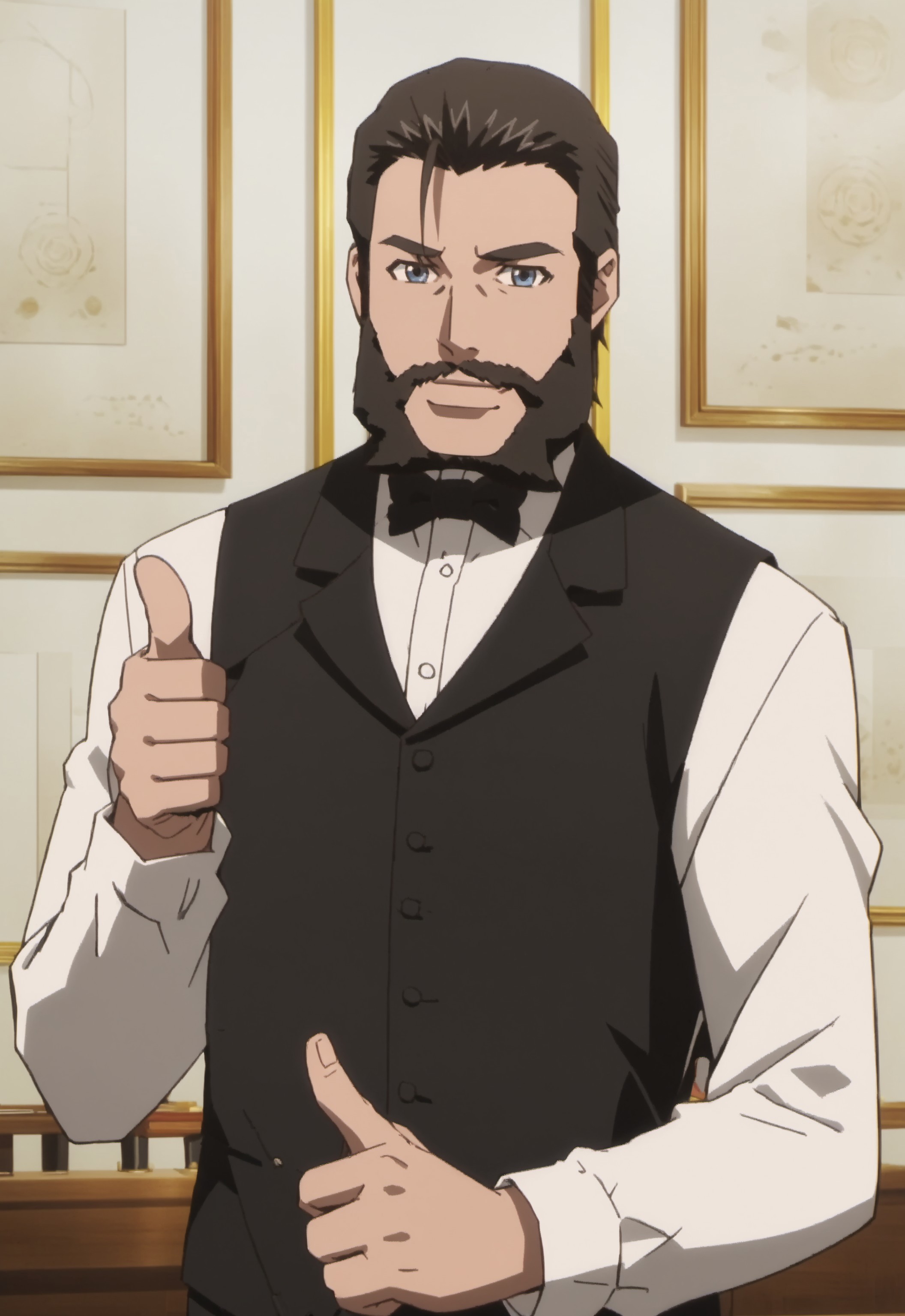 safe_pos, safe_pos, score_9, score_8_up, rating_nsfw, ultra hd, absurdres, best quality, best aesthetic, masculine, hand with five fingers, solo, 1boy, male focus, perfect proportions, erotic, mature male, Expressiveh, WolfConF,

TTSGraham, facial hair, beard, black hair, bowtie, formal, shirt, vest, anime screencap, looking at viewer, smiling, thumbs up