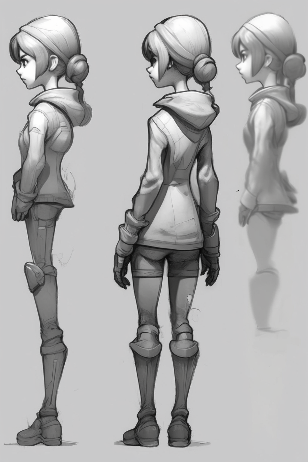 <lora:Character Design:1>Character Design - Q version of the game character sketch on the same screen with three views front view left view back view monochrome pencil watercolor style