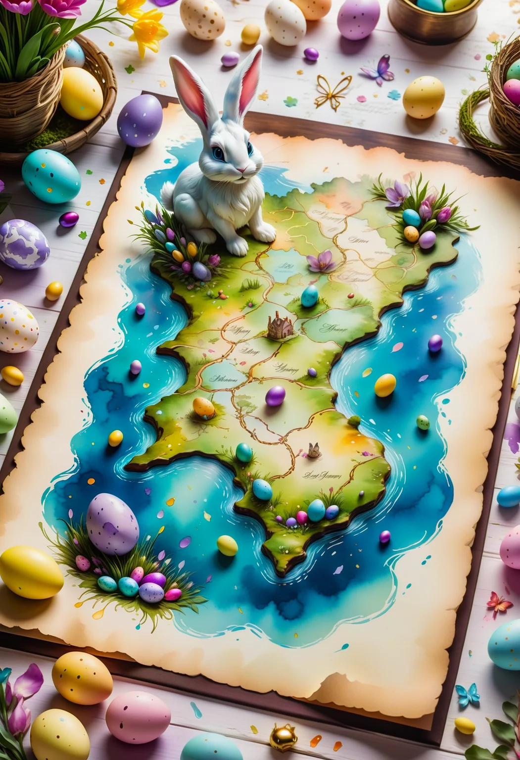 high quality fantasy art of a detailed map to EASTER BUNNY LAND, laying on a decorated table for easter , macro, vibrant colors, beautiful decorations, whimsical, magical, 8k, cinematic <lora:SDXLInkStains:0.6> Inkstains <lora:SDXLFaeTastic2400:0.5>