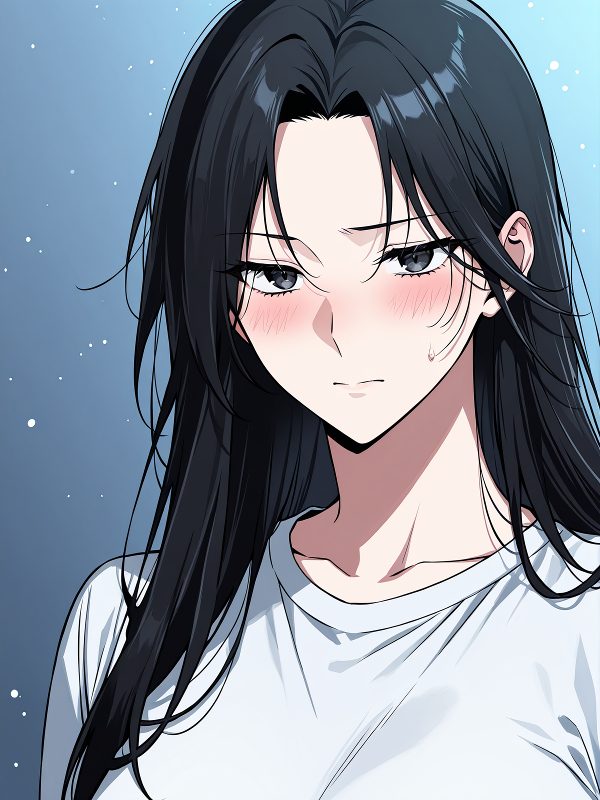 <lora:Omniscient_Readers_Viewpoint__Jung_Heewon:1>
1 girl, solo, black hair, long hair, black eyes, straight hair, loose hair, 
white shirt, light blue jeans,
score_9, score_8_up, score_7_up, score_6_up, source_anime, rating_explicit, masterpiece, best quality, intricate details, gothic fantasy, upper body portrait, dramatic pose, confident gaze, cinematic lighting, clean background, glowing magical particles, detailed face, vibrant colors