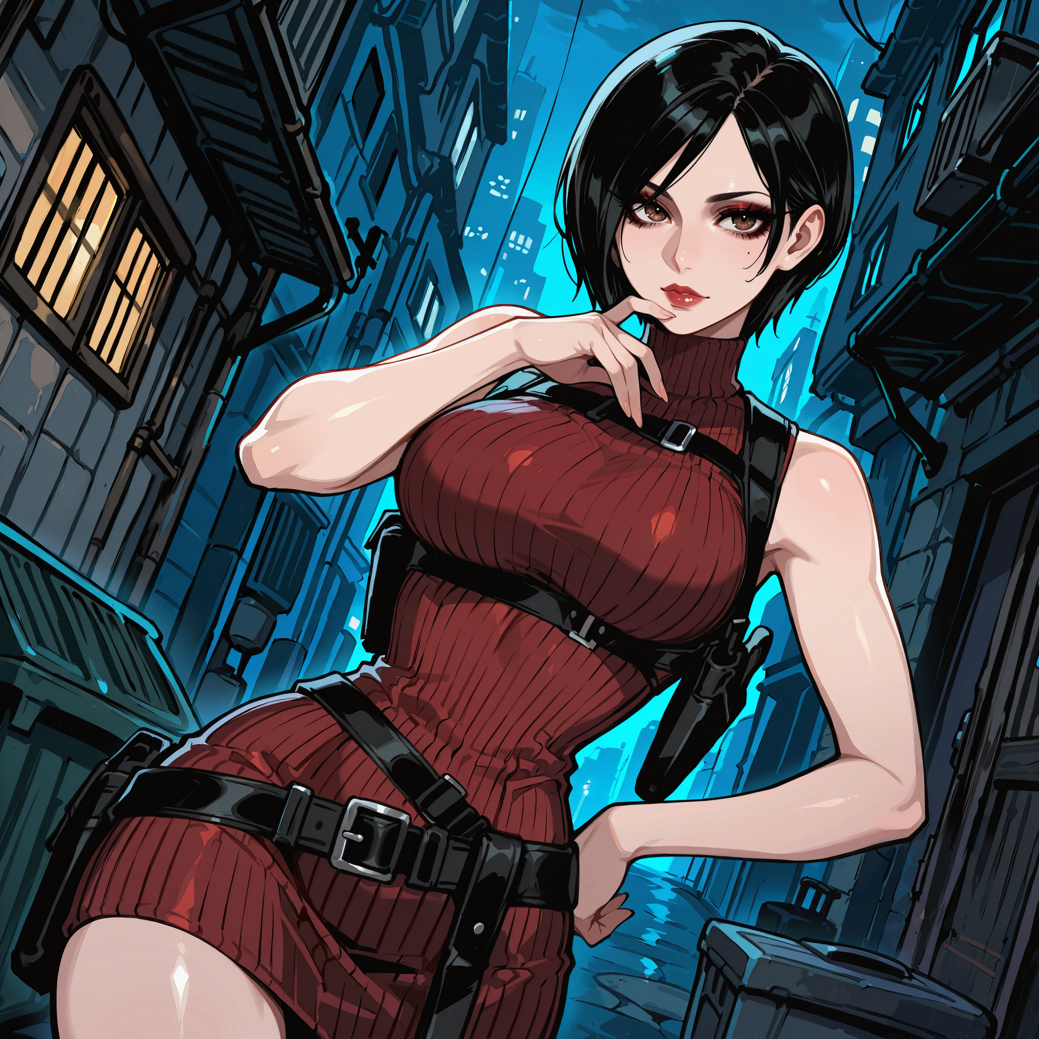 masterpiece, best quality,

eye contact:1.15, facing viewer:1.25, sexy pose, dynamic shot, dynamic angle, hand on hip, hand on lips,

BREAK

perfect character, perfect hands, perfect fingers, detailed character, detailed face, detailed eyes, detailed eyelashes, detailed lips, 

1girl, solo, mature, ada wong from resident evil, light skin color, japanese girl, black hair color, medium length hair, brown eye color, dark red colored eyeshadow, black eyeliner

fit body, almond shaped eyes, long eyelashes, round medium breasts, small narrow waist, wide hips, skindentation,

BREAK

red colored turtleneck sweater dress, ribbed pattern dress:1.25, black colored shoulder holster, loose black colored belt,

BREAK

detailed background, detailed scenery, outdoors, modern city, alleyway, in a dark alleyway, garbage:0.6, dumpster:0.6, nighttime, dark,