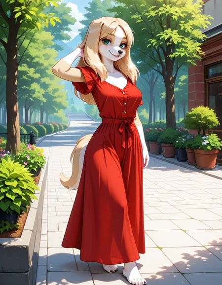 masterpiece, best quality, very aesthetic, absurdres,
outdoors, casual,
standing, posing,
full body, seductive smile, parted lips, long eyelashes,
<lora:Kelsey_v01_NAIXL:1>
Ke1s3y,1girl,solo,furry,furry female, dog girl, long hair, blonde hair, dog ears, green eyes, snout, animal nose, body fur, two-tone fur, yellow fur, white fur, dog tail,