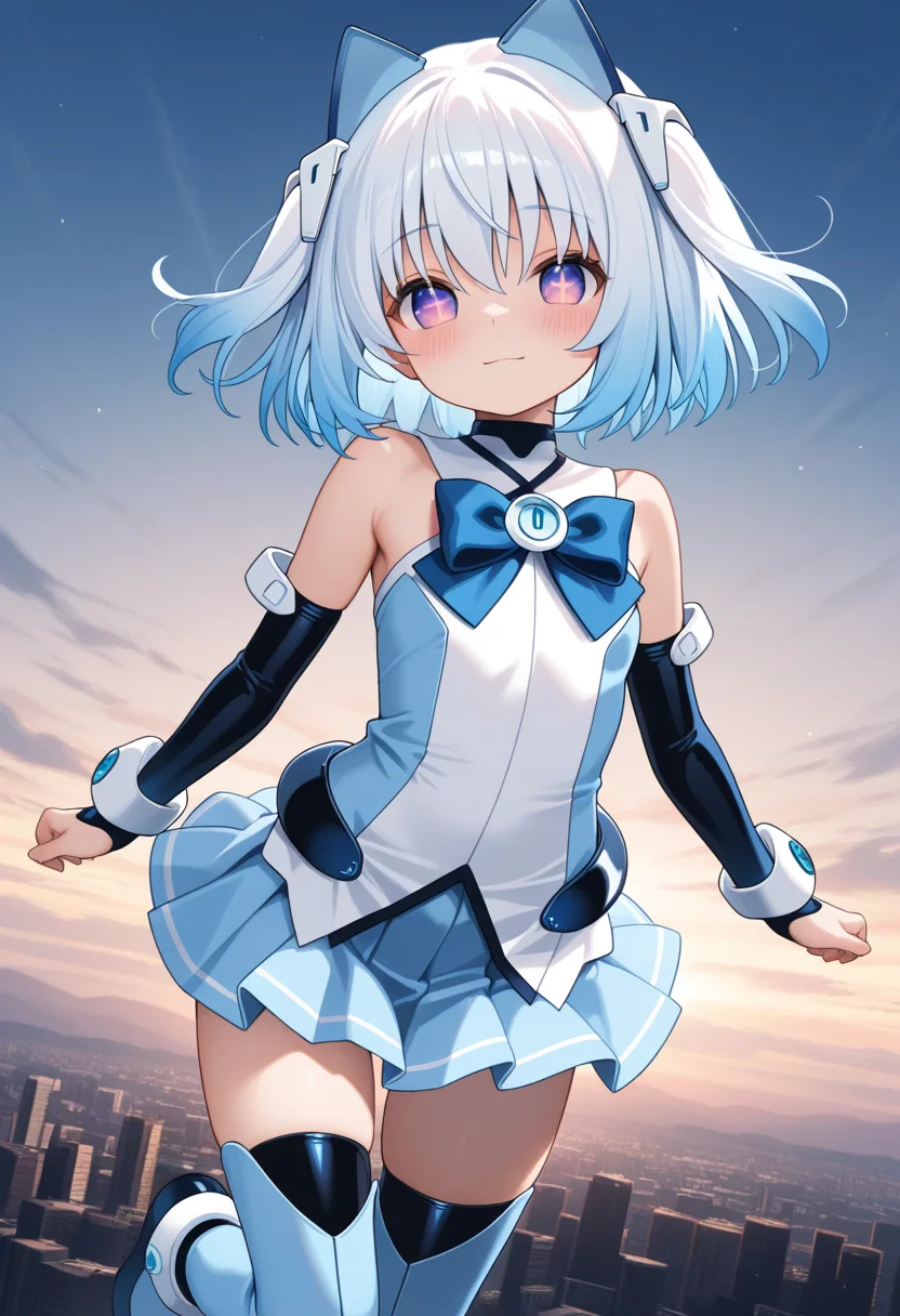 1000-chan, blue hair, animal ears, cat ears, purple eyes, gradient eyes, short hair, gradient hair, white hair ornament, symbol-shaped pupils, flatchest,
blue bow, bare shoulders, arm warmers, white anklet, blue detached sleeves, blue pleated skirt, zettai ryouiki,black thighhighs, blue thigh boots,
<lora:1000-chan_Illustrious-XL-2.0_v1:1>, masterpiece,best quality,amazing quality, solo,1girl,, flying, (dynamic_pose),
blush,closed mouth,light smile,
looking at viewer,cowboy shot,
(outdoors)