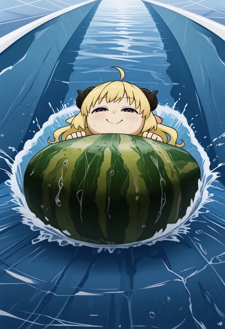 water slide, on back,splashing,water,wet,
Watamelon, smile, smug, half-closed eyes, no humans, creature, chibi, watermelon, all fours,
TsunomakiWatame, horns, long hair, ahoge,
<lora:water_slide_V1_edited-sv_0.97-16:1> <lora:ChamWatamelonPonyXL:1> <lora:ChamTsunomakiWatamePonyXL:1>
