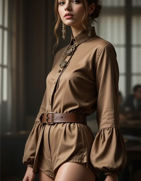 Half body shot of a fashion model in a chic outfit, with a sophisticated pose. The camera captures her torso and up, highlighting clothing details and accessories with realistic lighting.