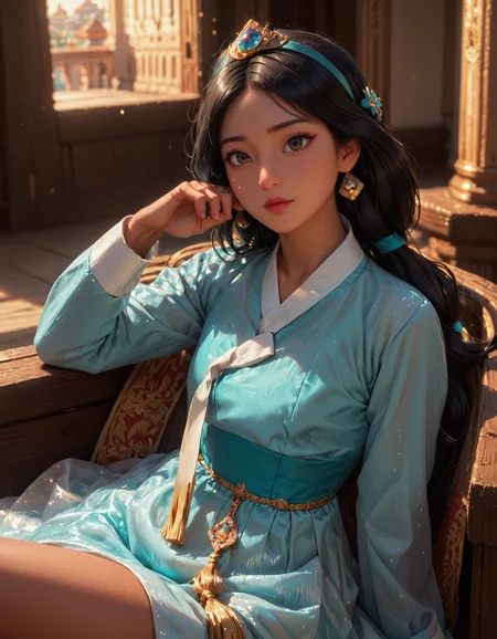 score_9, score_8_up, score_7_up, score_6_up, score_9, score_8_up, score_7_up, score_6_up, anime, cartoon, 1girl, princess jasmine, aqua hanbok, white ribbon, aqua skirt, long sleeves, dark skinned female, black hair, curvy, gold tassel, looking up at viewer, reclining, sultan's palace, dramatic lighting, very clear image, detailed face, detailed character design, ultra-high resolution, perfectly composed, clear, breathtaking attention to detail, highres, ultra detail, 8k wallpaper,
