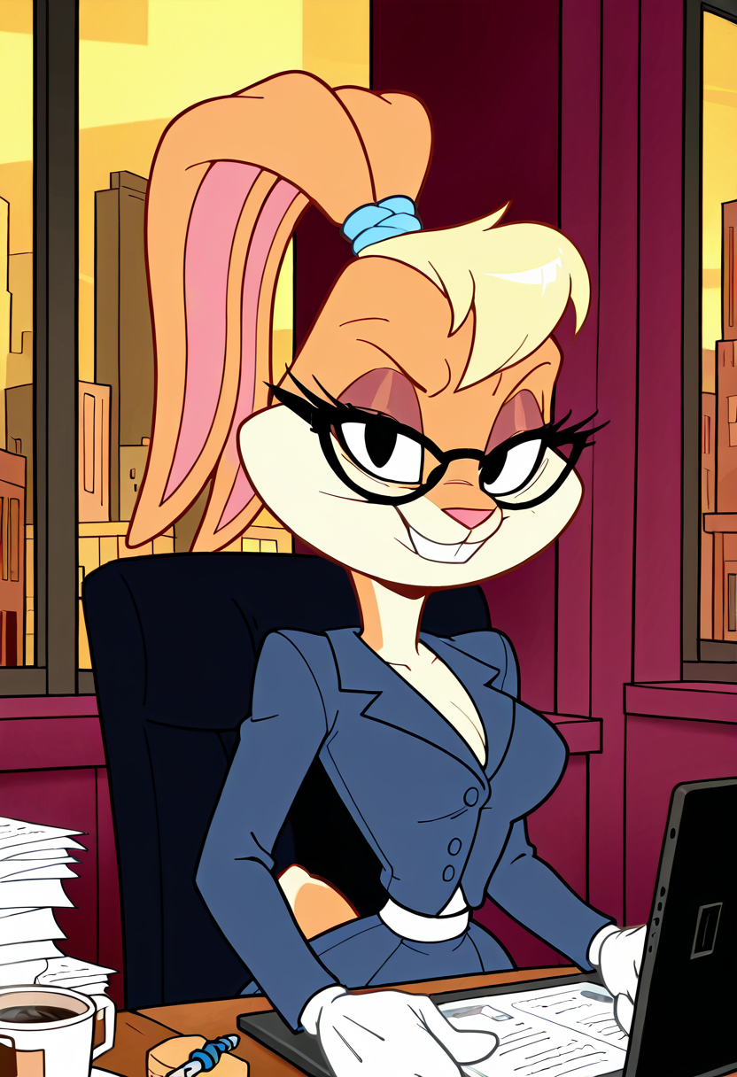masterpiece, best quality, no humans, curvy, medium breasts, wide hips, narrow waist, smile, looking at viewer, (upper body),    [Power Desk Morning] zzLola, blonde hair, ponytail, hair tie, 1girl, solo, blazer, reading glasses, coffee cup, city-view office window, minimalist chair, sleek desk, papers and tablet, modern boss aesthetic, sitting pose â zzLola  her coffee still steaming as she taps through data on her tablet. Her ponytail swings with purpose as she glances up, sharp eyes behind frameless glasses. The skyline beyond the window gleams, a silent witness to her morning takeover.  <lora:LolaBunnyCartoon_IXL:0.9>,