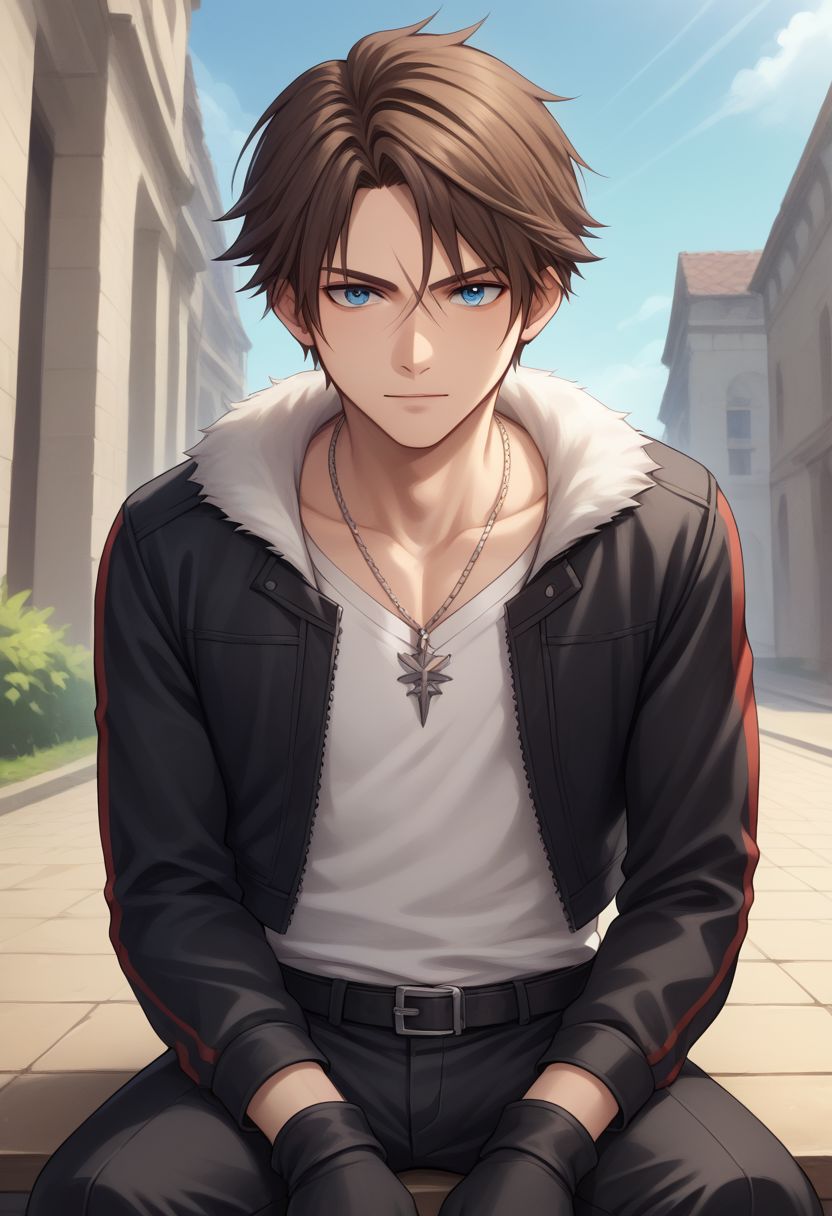score_9, score_8_up, score_7_up, source_anime, highly detailed, 1boy, solo, skinny,
squall, 1boy, jewelry, male focus, necklace, solo, brown hair, short hair, gloves, white shirt, blue eyes, shirt, black gloves, jacket, black jacket, trim jacket, red scar, scar on face, parted bangs, black pants,
outdoor, sit,